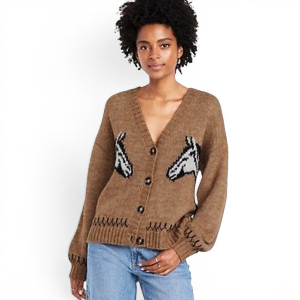 Old Navy Western Horses Cardigan Medium Wool Blend Tan Heather Cowgirl Boho 8 10